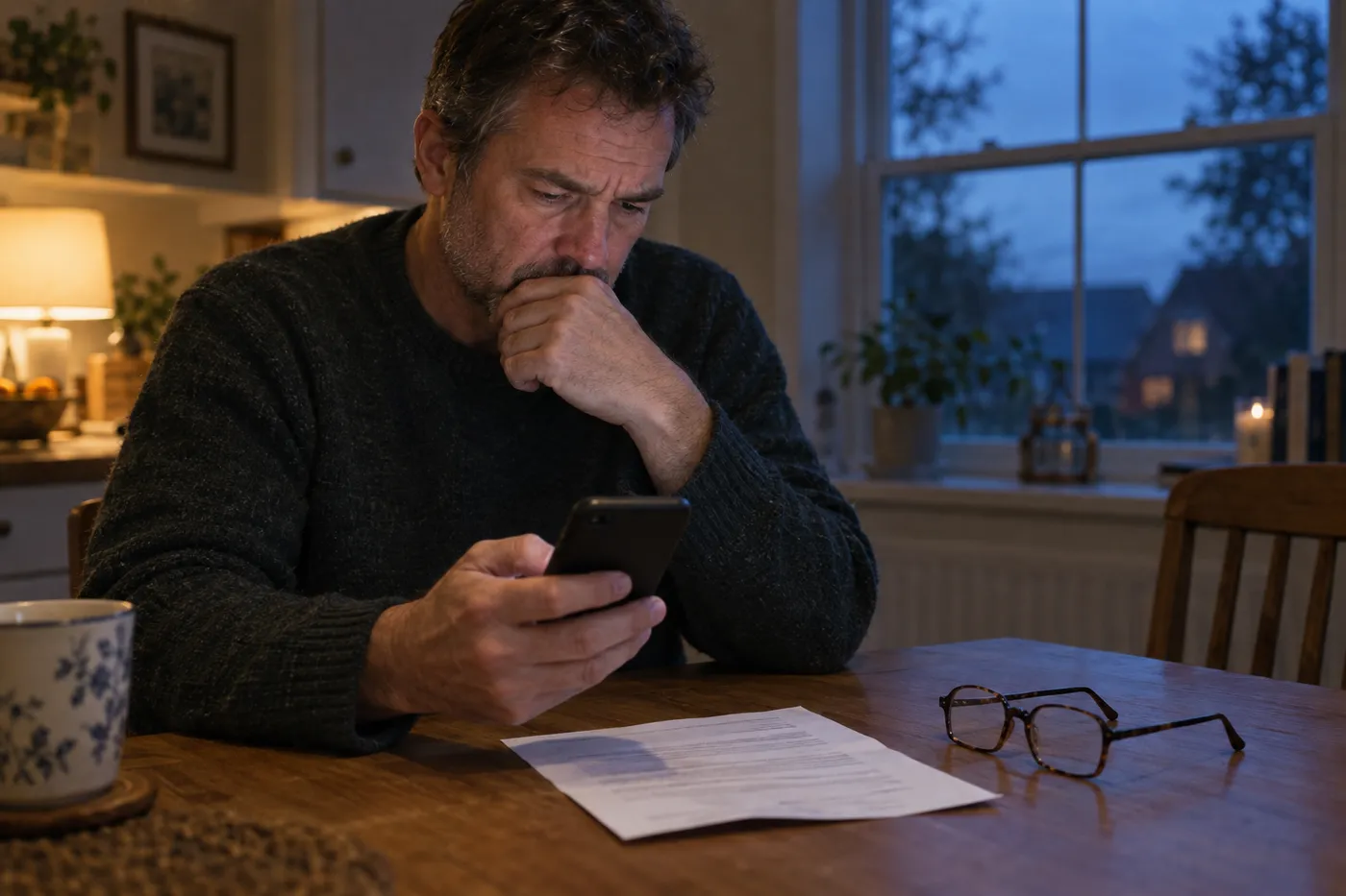 A man at a kitchen table at dusk reading his phone with a concerned expression